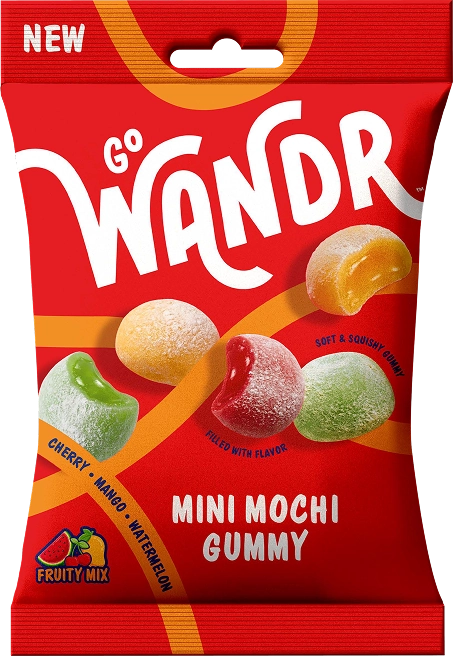 Go Wander Mini Mochi Gummy candy in a red bag with orange accents, showing illustrations of cherry, mango, and watermelon flavored gummy candies.